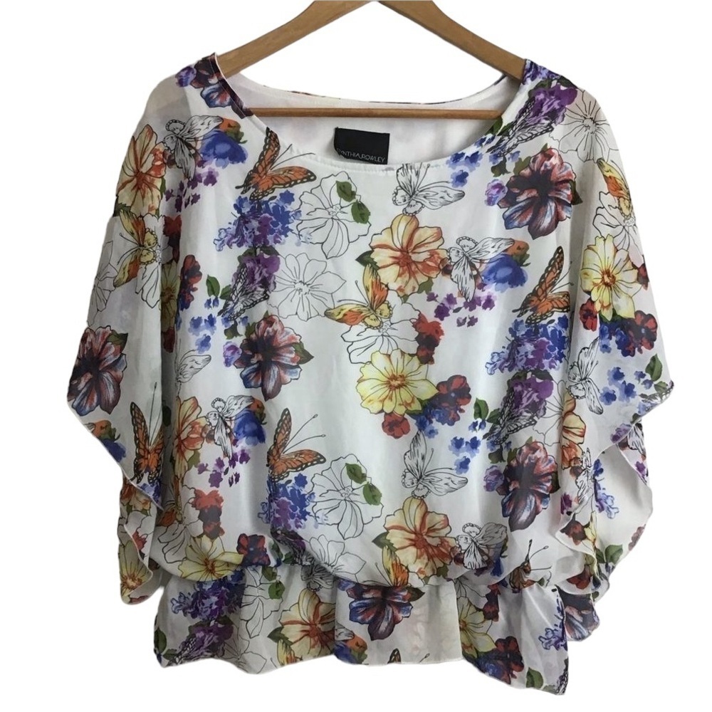 CYNTHIA Rowley silky floral butterfly sleeve top blouse round neckline large
